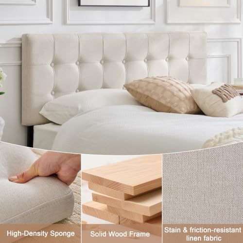 Linen Tufted Headboard Full Size, Solid Wood Full Headboard Only, Beige