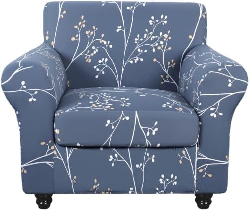 SearchI Stretch Sofa Cover Printed Couch Covers, Floral Pattern 2 Piece Armchair Slipcover with Separate Chair Cushion Cover, Washable Furniture Protector for Living Room(Armchair, Gray Blue)