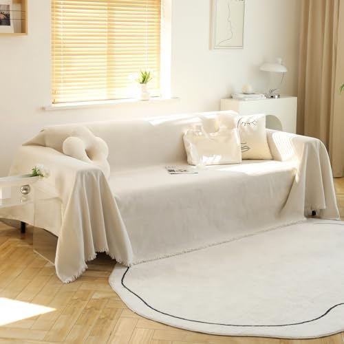 MEETSKY Couch Cover for Dogs, Washable Couch Covers for 3 Cushion Couch Sofa, Oversized Couch Protector for Sectional L Shape, Chenille Beige Sofa Slipcover with Tassel, 71"x 150"