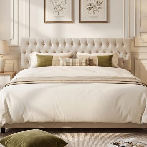 Kingfun Headboards for King Size Bed in Modern Button Design, Premium Linen Fabric Upholstered Tufted Bed Headboard, Adjustable Solid Wood Head Board, Beige