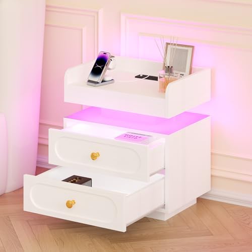 4ever2buy White Nightstand Set of 2 with Charging Station and LED Lights