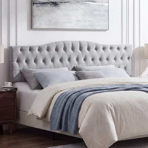 Iroomy Upholstered Full Headboard, Button Diamond Tufted Headboards with Adjustable Height and Solid Wood Leg, Linen Fabric Padded Headboard for Full Size Bed, Mordern Head Board, Grey