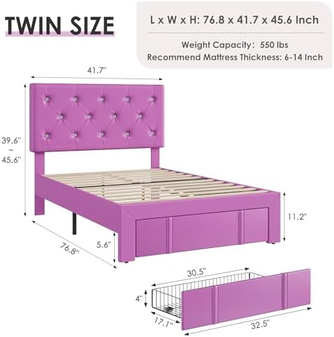 VECELO Twin Size Bed Frame with Storage Drawers, Leather Upholstered with Diamond Tufted Headboard, Solid Wood Slat Support, No Box Spring Needed, PU & Purple