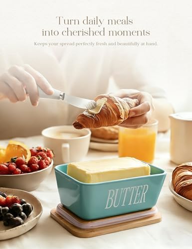 Ceramic Butter Dish with Lid and Knife & Silicone Seal for Countertop Green