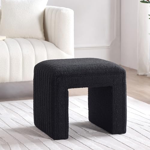 Get Set Style Vanity Stool Chair, Fully Assembled Modern Boucle Ottoman Footstool with Wooden Legs, Multifunctional Upholstered Sofa Bench Extra Seat for Makeup Room Living Room Entryway Office,Black