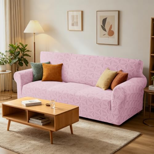 ZNSAYOTX Stretch Couch Cover, 1 Piece Sofa Covers for 3 Cushion Couch, Jacquard Sofa Slipcovers with Elastic Bottom Thickened Furniture Protector for Dog Cat Pet (Large, Dusty Pink)