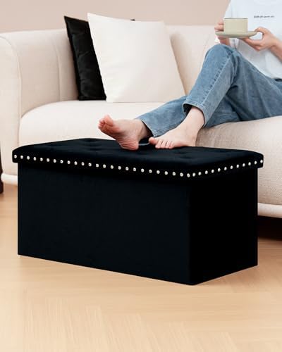 B FSOBEIIALEO Storage Ottoman Bench, 30" Velvet Ottoman With Storage, Black