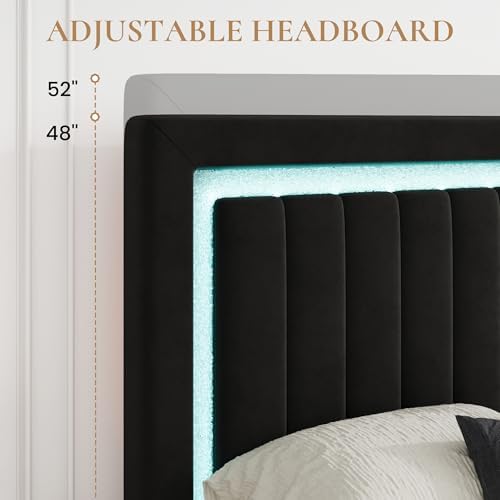 SHA CERLIN Queen Size Velvet Bed Frame with LED Light, Black