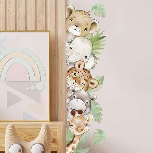 55.12 x 15.75 InchWatercolor Jungle Animal Wall Decals Tiger Elephant Zebra Giraffe Hippo Forest Wall Stickers Removable Peel and Stick Stickers for Baby Nursery Playroom Bedroom Classroom