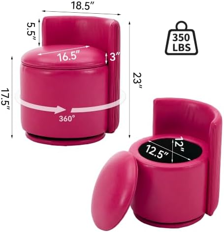 Faux Leather Vanity Chair with Storage,360° Swivel Makeup Chair,Fuchsi Pink