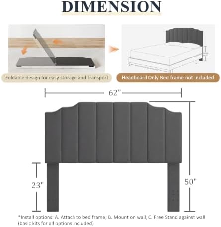 Befurtori Queen Size Headboard Only, Velvet Wall Mount Headboard, Dark Gray