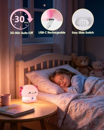 Fuloon Axolotl Night Light, 3-Level Dimming Silicone Touch Lamp with Rechargeable Battery & 30-Min Auto Timer, Cute Squishy Unicorn Whale Desk Decor, Funny White Elephant Gift for Adults Teens Kids