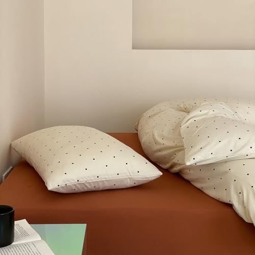 Polka Dot Full Duvet Cover, 3 Piece 100% Cotton Jersey Knit Beige Comforter Cover, Soft Vintage Aesthetic Minimalist Bedding Set with Zipper & Corner Ties