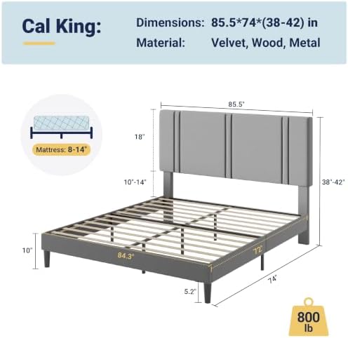 Allewie Cal King Platform Bed Frame with Velvet Upholstered Headboard