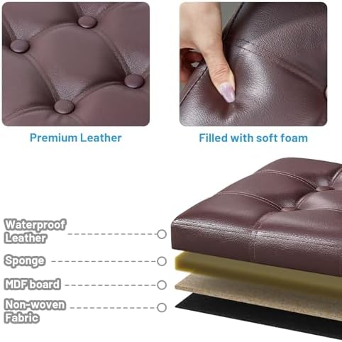 Bsketa Storage Ottoman Bench,17 Inch Folding Leather Foot Rest Stool, Brown