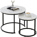 aboxoo Round Nesting Coffee Table Side Table Set of 2 End Tables for Living Room Bedroom Balcony, White Faux Marble Wooden Table Accent Coffee Table with Black Steel Frame