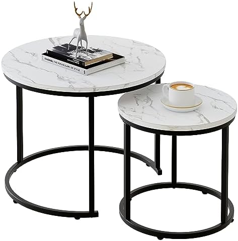 aboxoo Round Nesting Coffee Table Side Table Set of 2 End Tables for Living Room Bedroom Balcony, White Faux Marble Wooden Table Accent Coffee Table with Black Steel Frame