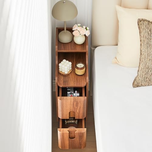 Narrow End Table Living Room, Wooden Small 2 Drawer Nightstand Bedroom, Thin Couch Side End Table, Vintage Skinny Bedside Table Small Spaces, Mid Century Modern Night Stand with Drawers (Walnut-1 pc)