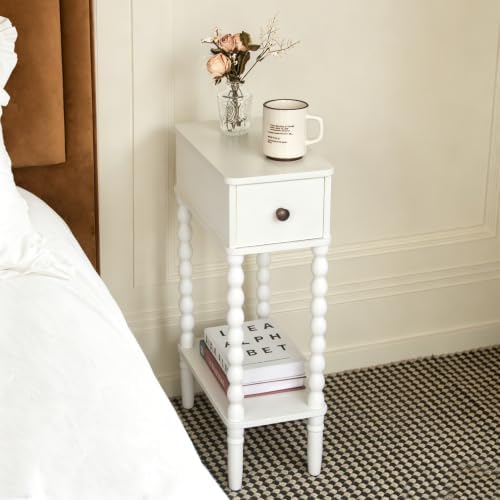 Fultyle Narrow White End Table, Slim Side Table with Drawer and Open Shelf