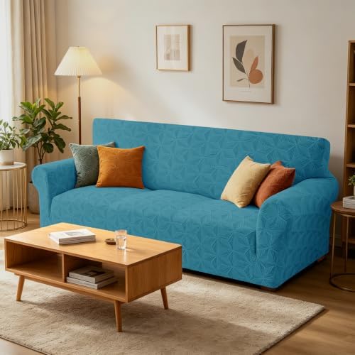ZNSAYOTX Stretch Couch Cover, 1 Piece Sofa Covers for 3 Cushion Couch, Jacquard Sofa Slipcovers with Elastic Bottom Thickened Furniture Protector for Dog Cat Pet (Large, Peacock Blue)