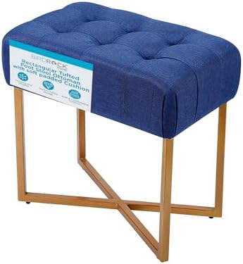 BIRDROCK HOME Rectangle Tufted Linen Ottoman Foot Rest - 19.7x11.82x17.73” Small Foot Stool with Legs - Padded Footrest Modern Ottomans for Living Room Furniture, Bedroom Footstool (Blue)