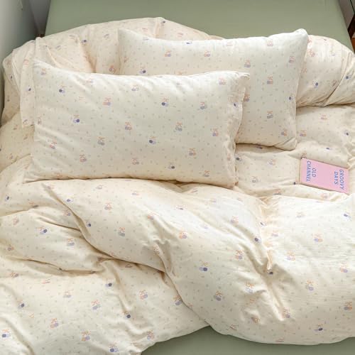 Cherry Twin Size Duvet Cover Boho Muslin Twin Comforter Cover Cotton Double Gauze Bow Zipper Duvet Cover Set with 2 Pillowcases Kawaii Pattern Bedding Set for Girls Duvet Protector