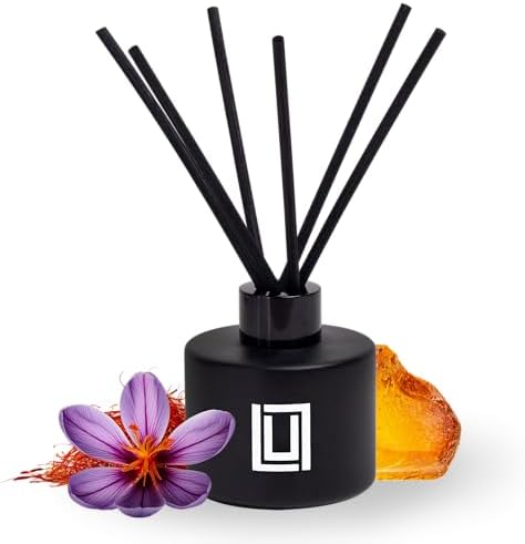 Lulu Candles | Reed Diffuser Set | 6 Reed Sticks | Scent Diffuser for Bedroom Bathroom Living Room & Office (Saffron & Amber)