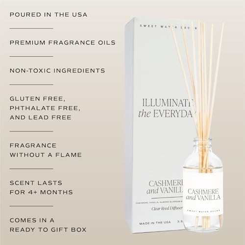 Sweet Water Decor Non-Toxic Cashmere and Vanilla Reed Diffuser Set, Cashmere, Sandalwood, Milky Coconut, Bourbon Vanilla Scented Diffuser for Home, Light Fragrance, Made in the USA, 3.5 FL OZ