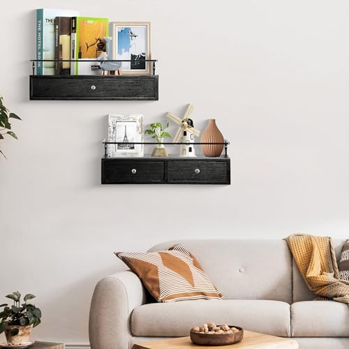 Floating Shelves With Drawers Set of 2, Wall Mounted Storage for Bathroom