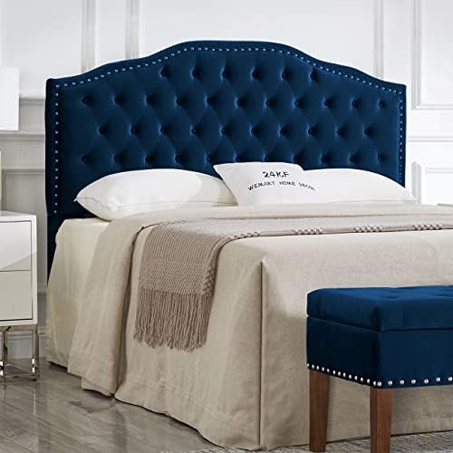 24KF Upholstered Button Tufted Queen Headboard with Nailhead Trim, Soft Velvet Fabric Headboard Queen/Full WM-6031-Q-NAVY