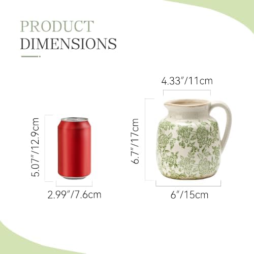 Ceramic Vintage Flower Vase, Utensil Holder, Green and White Decorative Vase Chinoiserie Decor Rustic Farmhouse Retro Floral Vases for Table Bookshelf Mantel Kitchen Living Room - 6.7” Green 016