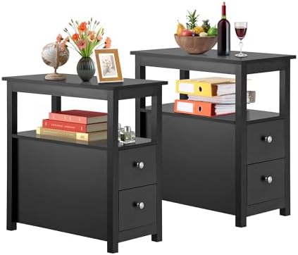 SUPER DEAL End Table Set of 2, Narrow Side Table with 2 Drawers and Storage Shelf, 3 Tier Sofa Table Couch SideTable for Living Room Bedroom Apartment Small Spaces, Black