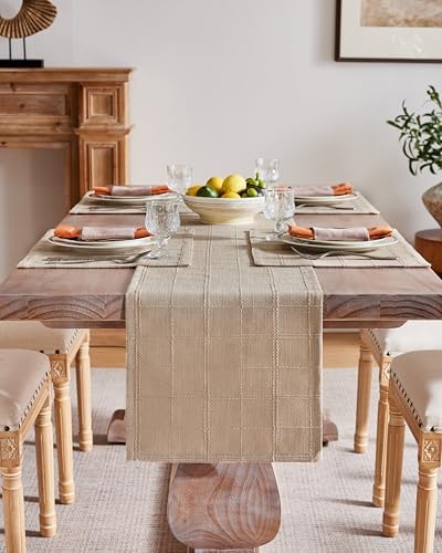 ZeeMart Linen Checked Farmhouse Table Runner, 13x108 Inches Taupe