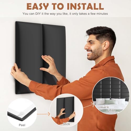 IFNOW Wall Mounted Headboard, Peel and Stick Panels, Black, Queen