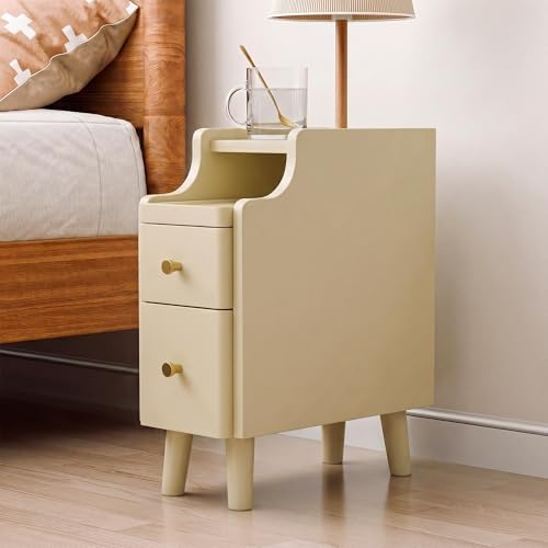 Nightstand, Pre-Assembled, 19.7“H Solid Wood Narrow Night Stand with 2 Drawers, Open Sliding Shelf, Mid Century Modern Small Bedside Table for Bedroom, Cream 8"