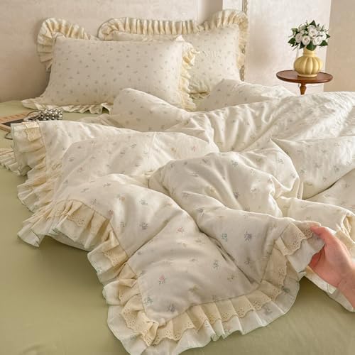 Ivory Duvet Cover Set Muslin Cotton Queen(90"x90"),Multicolor Flower