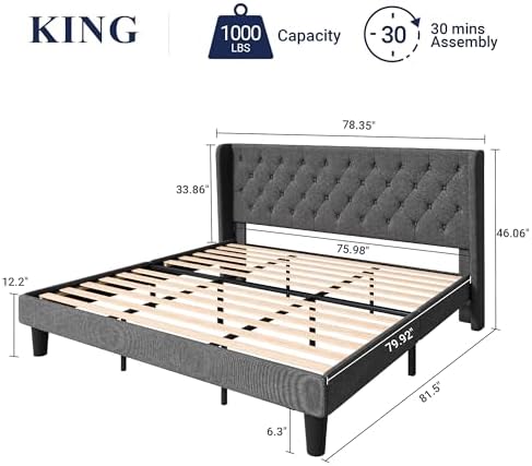 Allewie King Bed Frame with Button Tufted Wingback Headboard, Dark Grey