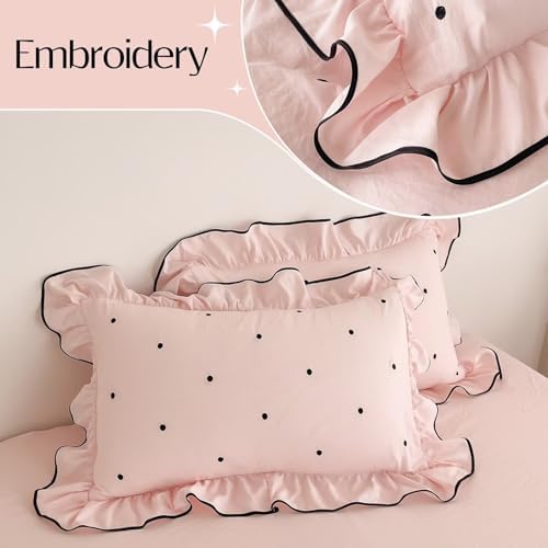 Pink Polka Dot Duvet Cover Set Twin Size 3 Pcs(1 Duvet Cover with 2 Pillowcases),Soft Brushed Washed All Seasons Comforter Covers with Ruffles,Twin Bedding Set for Teen Girls 68"×86"