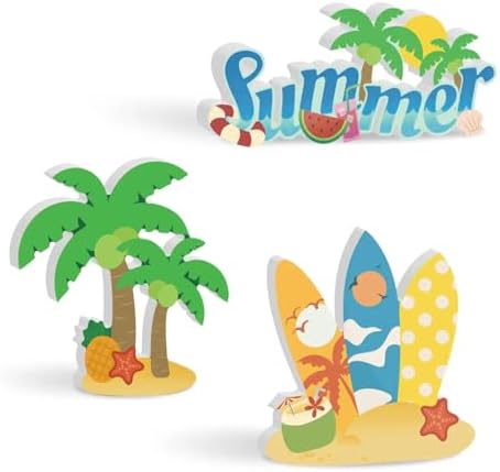 Putuo Decor Summer Tabletop Decor Set, Tropical Beach Standee Signs with Surfboards Palm Trees “Summer” Word Art, Cute Coastal Centerpiece for Tiered Tray Coffee Bar Party Table, Home Office Classroom