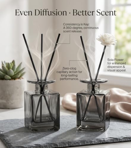 2 Pack 150ml Glass Reed Diffuser Container with Black Reeds, Empty Essential Oil Diffuser Jars with Protective Packaging for DIY Home Fragrance, Bathroom, Bedroom and Office Decor (2, Smoky Gray)