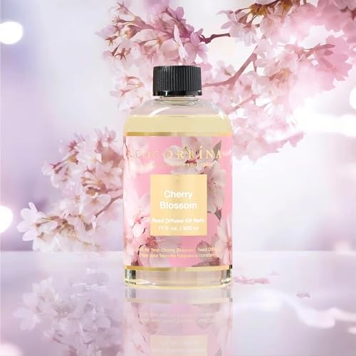 Cocorrína Reed Diffuser Refill Cherry Blossom 17oz (500ml) with 8 Sticks - Premium Long-Lasting Scented Oil, Home Fragrance for Bedroom, Bathroom Home Decor