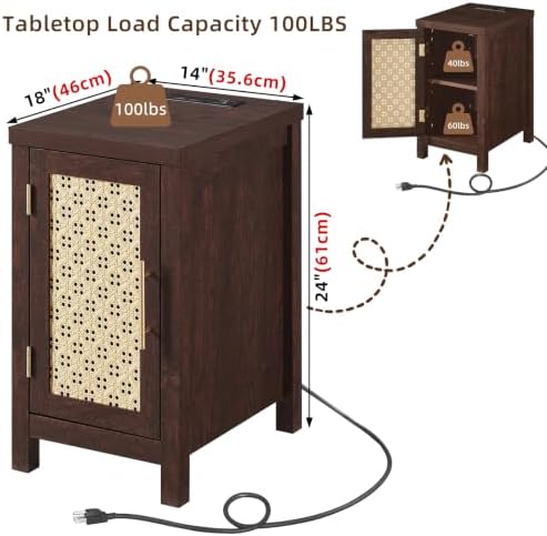 YUFAM Rattan Nightstand Set of 2 with Charging Station, Brown