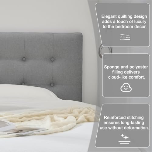 Linen Tufted Headboard Twin Size, Solid Wood Twin Headboard Only, Grey