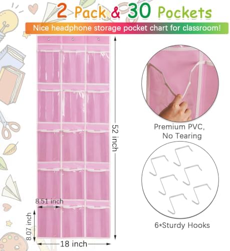 2 Pack Classroom Headphone Storage Organizer with 30 Pockets & 62 Labels