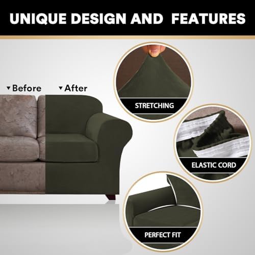 PrinceDeco Velvet Couch Cover Loveseat Covers for 2 Cushion Couch 3 Piece Sofa Covers for Dogs Washable Loveseat Covers Width Up to 72 Inch No Slip Stretch Sofa Slipcover(Medium, Olive)