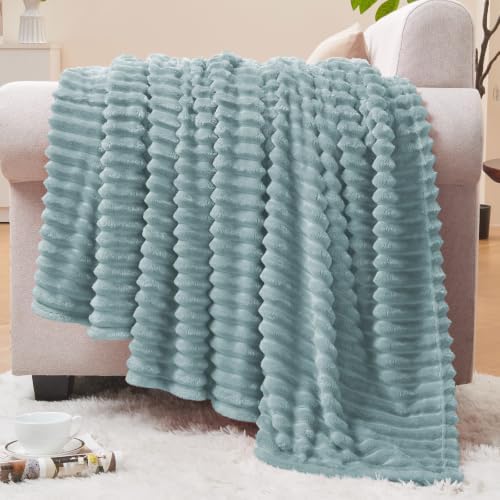 BEDELITE 3D Ribbed Grey Blue Fleece Throw Blanket for Couch, 50x60 Inch