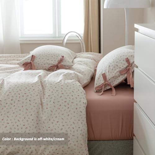 Pink Flower Stripes Duvet Cover Set Twin 100% Cotton Blossom Duvet Cover with Zipper Closure,Cottagecore Bedding Set for Girls Women-68 x86,Off-White