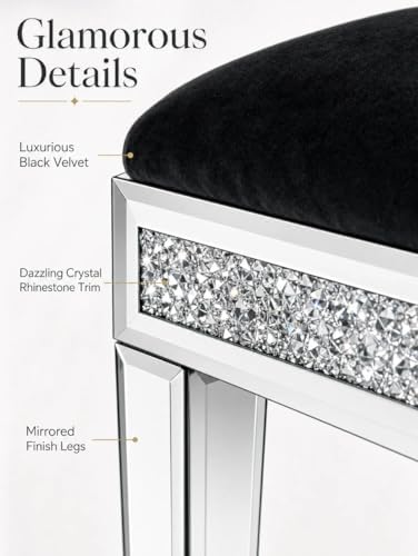 Vanity Stool with Storage Mirrored Legs, Velvet Cushioned Ottoman, Hidden Compartment, Sparkling Diamond Trim, Glam Makeup Chair & Piano Bench (Black)