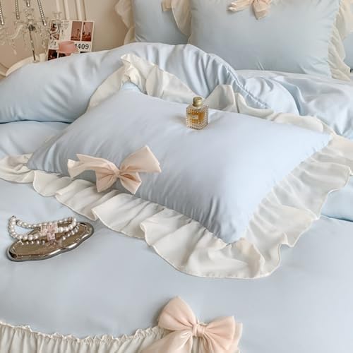 SOUKECHY Chic Lace Bedding,Girls Twin Aesthetic Comforter Cover Set,Romantic French Princess Style Ruffled Duvet Cover with Lovely Bow with Zipper Closure-Blue,Twin