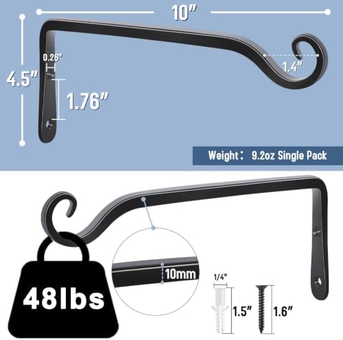 FEED GARDEN Wall Hooks for Hanging Plants 10 Inch - 2 Pack Heavy Duty Metal Plant Brackets, Holds 48 lbs, Rust Resistant Black L-Shape Hooks for Bird Feeders Baskets Lantern Wind Chimes Outdoor Indoor